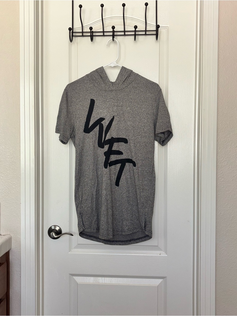 Gray Short-Sleeve Hooded Men's Tee with Script Graphic